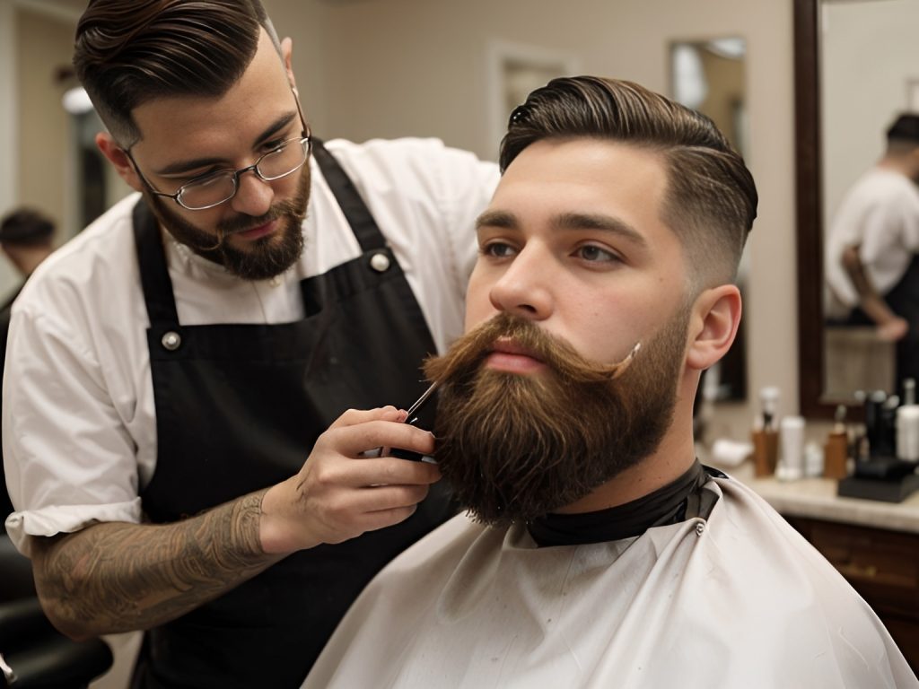 Barber giving a man a beard trim